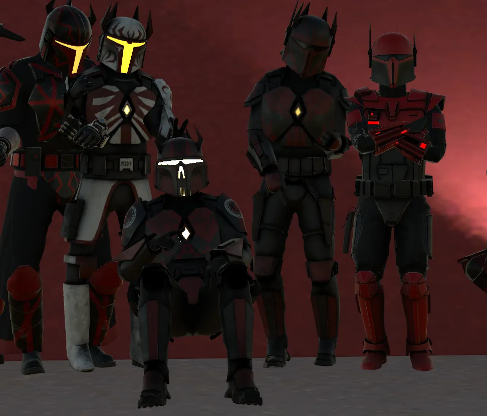 Clan Saxon Mandalorian avatars in a VRChat group photograph